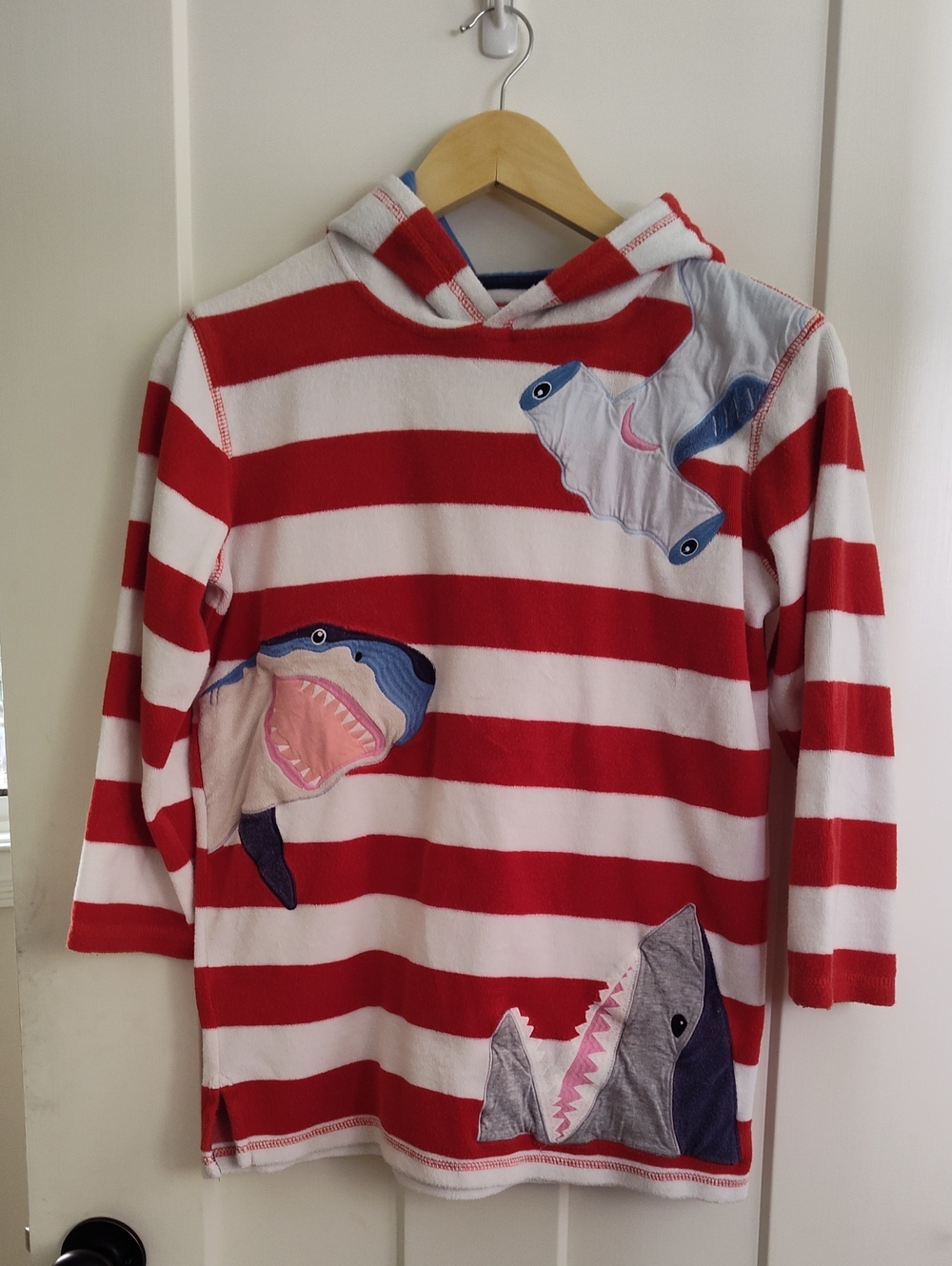Boden Red & White Striped Toweling Hoodie Poncho with Sharks size 9-10